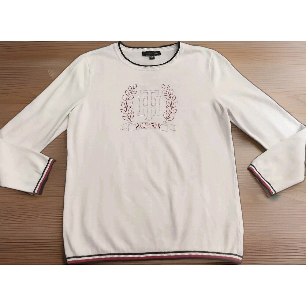 Tommy Hilfiger Women's Long Sleeve C Neck White Sweater Beaded Logo Size X L